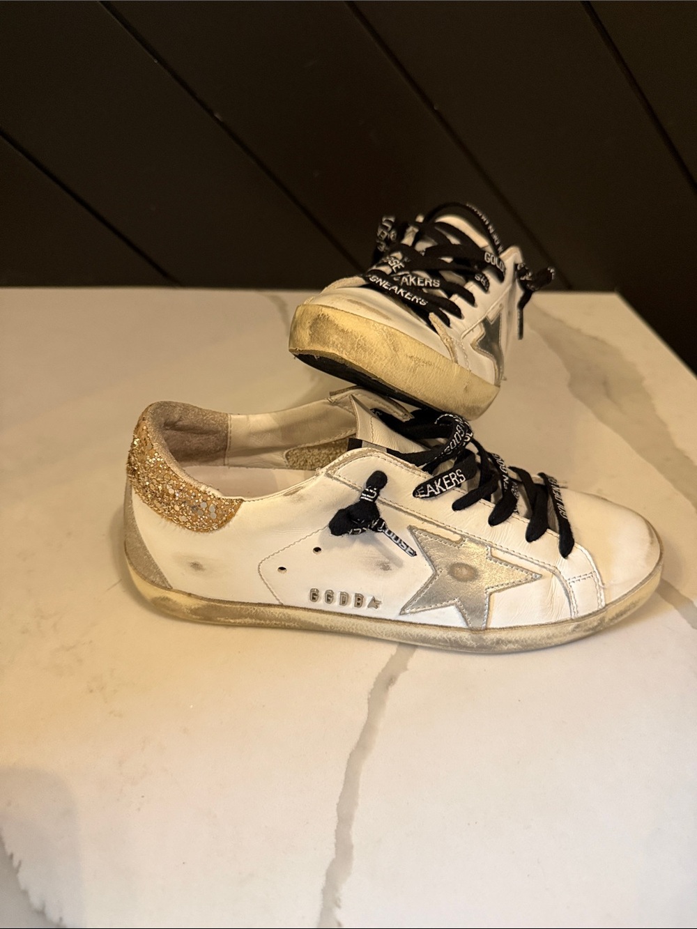 Golden Goose-Style womens White Leather Sneakers with Gold Glitter Heel